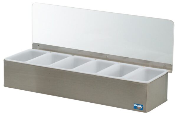 Garnierstation 6 Behälter aus Edelstahl, 45 cm lang, 9 cm hoch
