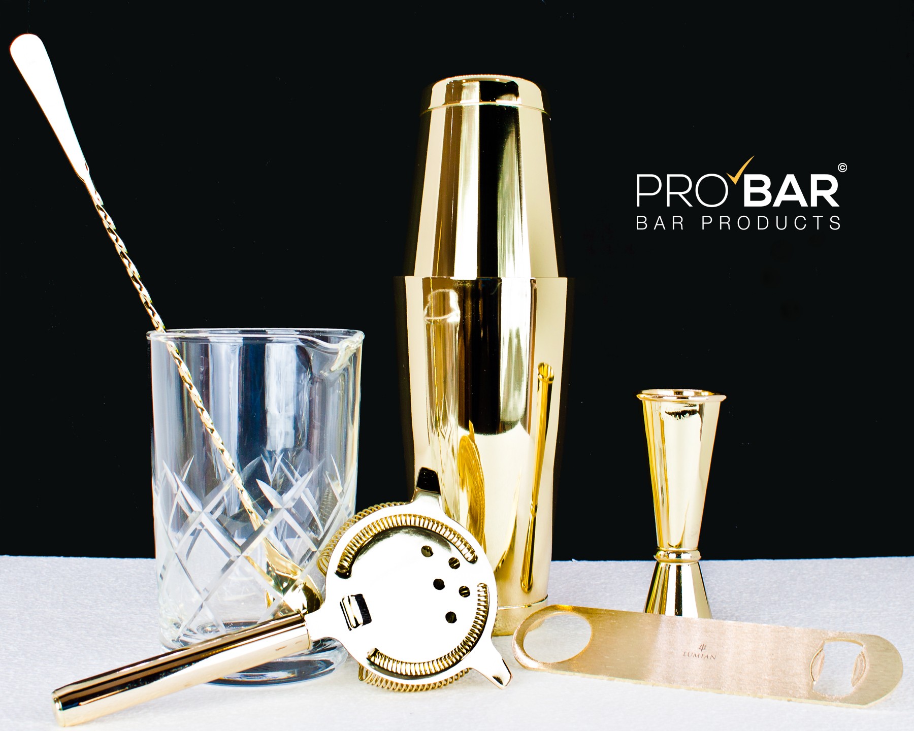 Easy Kit Lumian Gold, Barkeeper Set mit 7 Teilen und Rührglas Shinto