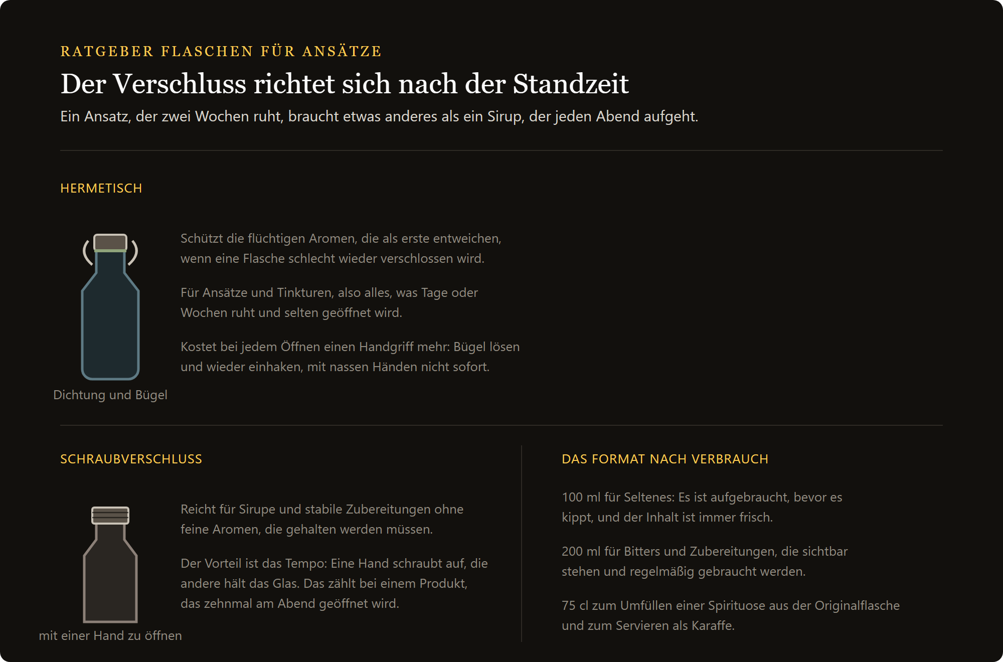 Whiskykaraffe Opera: Bügelverschluss und Schraubverschluss im Vergleich, und die drei Formate