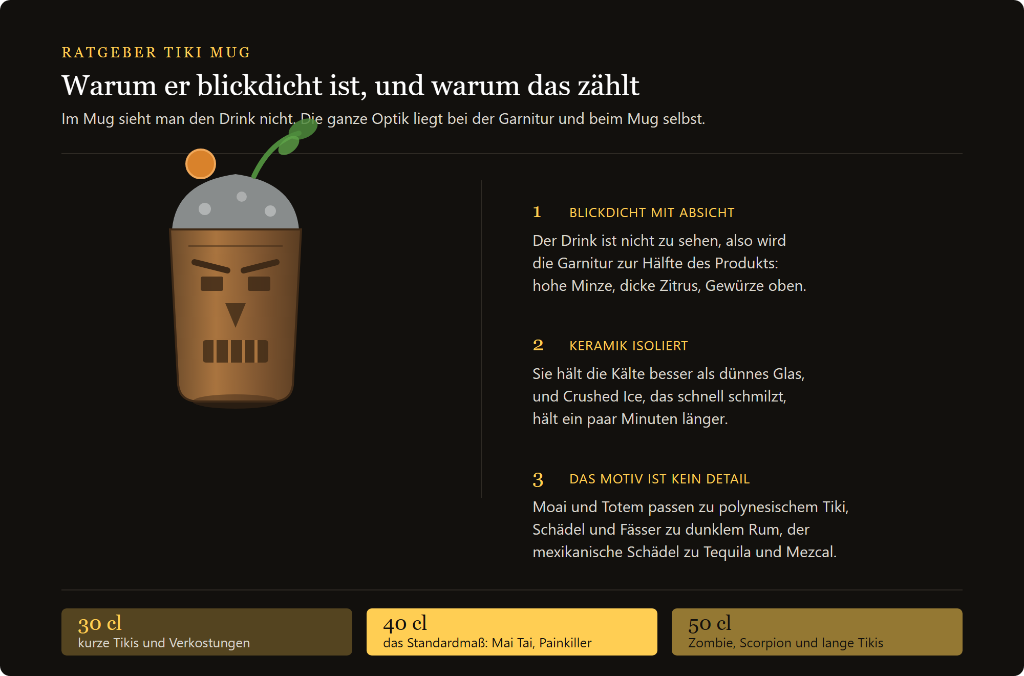 Totenkopf Tasse: warum die Tiki Mug undurchsichtig ist, wie sie das Crushed Ice hält und wie das Motiv gewählt wird