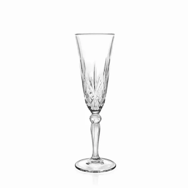 Sektglas Melodia von RCR aus Kristallglas mit Schliff aus Blättern und Strahlen und Nodus am Stiel