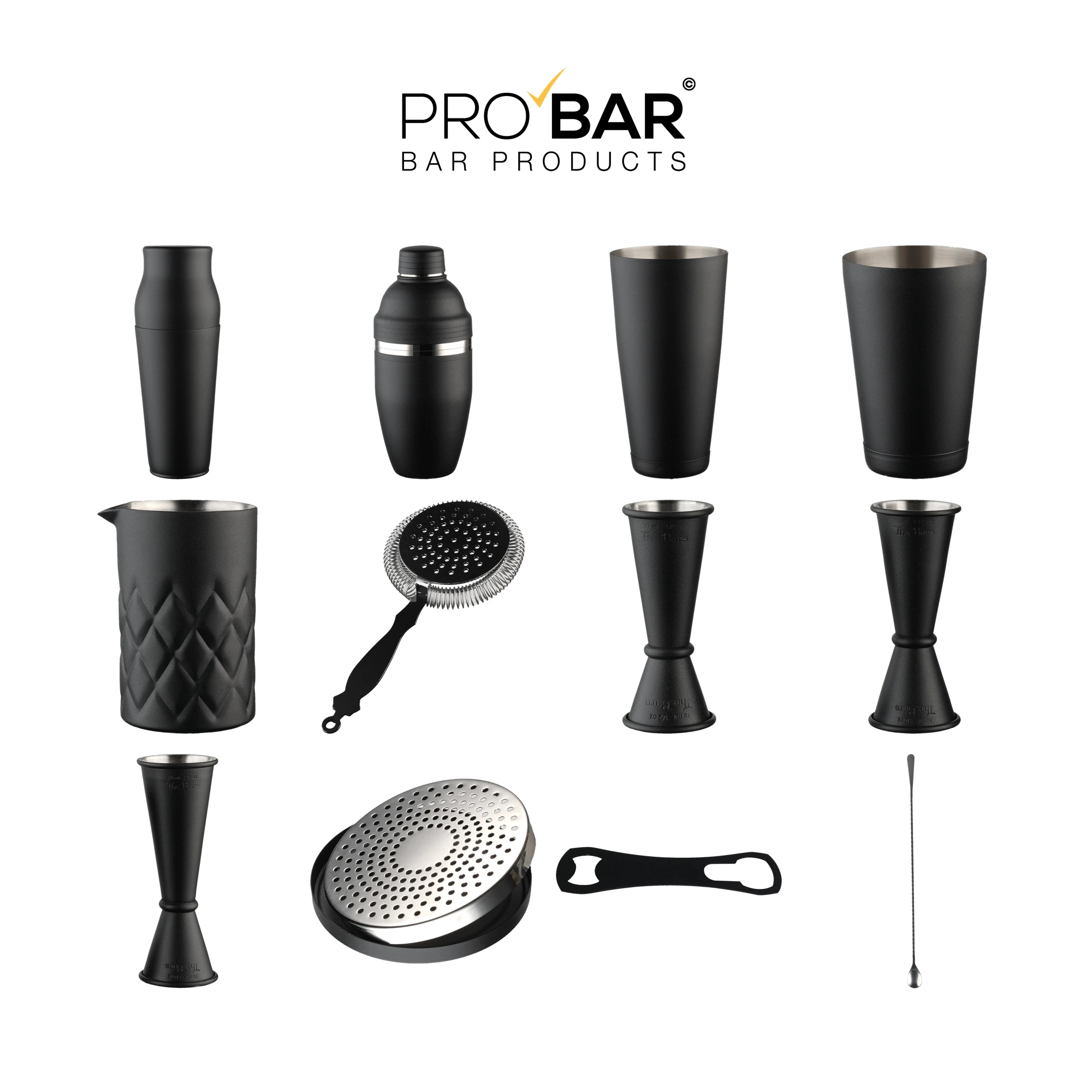 Cocktail Shaker Set Schwarz matt von The Bars: Shaker, Mixing Tin, Jigger und Barlöffel im Raster