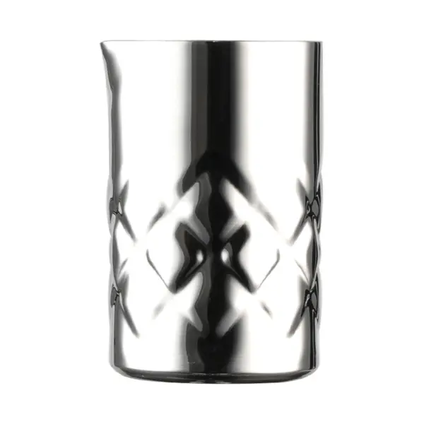 Jigger Iron van The Bars in glanzend RVS, in de vorm van een kleine mixing tin met diamantmotief