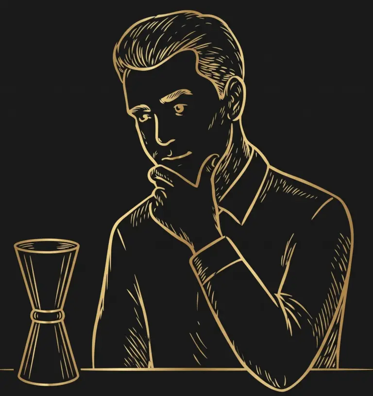 Desenho de um bartender pensativo ao lado de um jigger