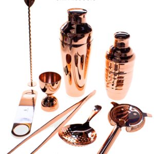 Kit de barman 8 peças cobre da linha Lumian, com coqueteleiras, coadores, jigger, pinça, colher e abre-garrafas