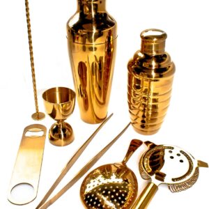 Kit de barman 8 peças dourado da linha Lumian, com coqueteleiras, coadores, jigger, pinça, colher e abre-garrafas