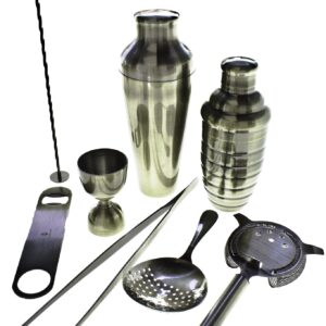 Kit de barman 8 peças bronze da linha Lumian, com coqueteleiras, coadores, jigger, pinça, colher e abre-garrafas