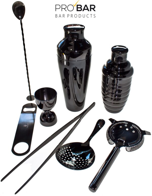 Kit de cocktail 8 peças preto da linha Lumian, com coqueteleiras, coadores, jigger, pinça, colher e abre-garrafas