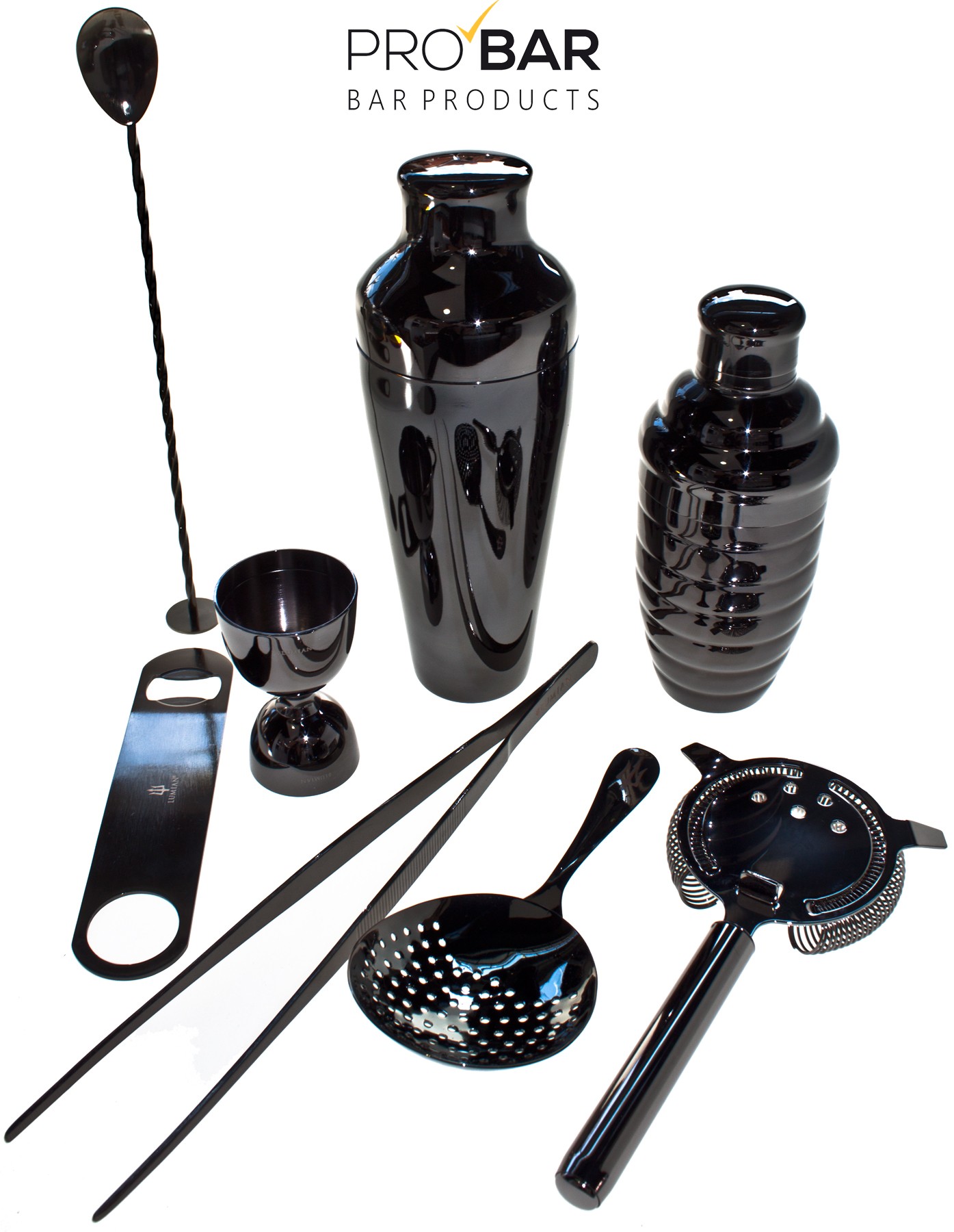 Kit de barman 8 peças preto da linha Lumian, com coqueteleiras, coadores, jigger, pinça, colher e abre-garrafas