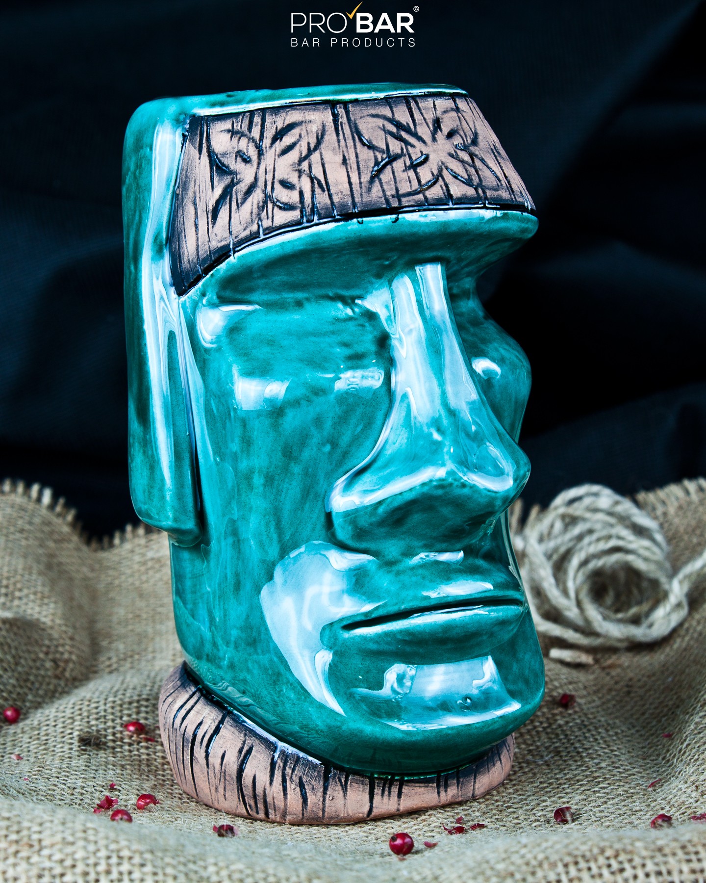 caneca tiki Moai decorada em turquesa, cerâmica pintada à mão