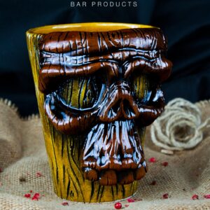 caneca tiki caveira 30 cl, tronco com caveira gravada em cerâmica pintada à mão