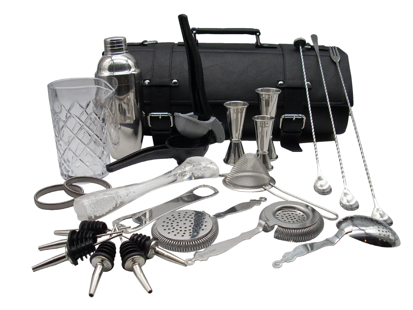 kit de barman Luxury em rolo de cabedal com 21 peças