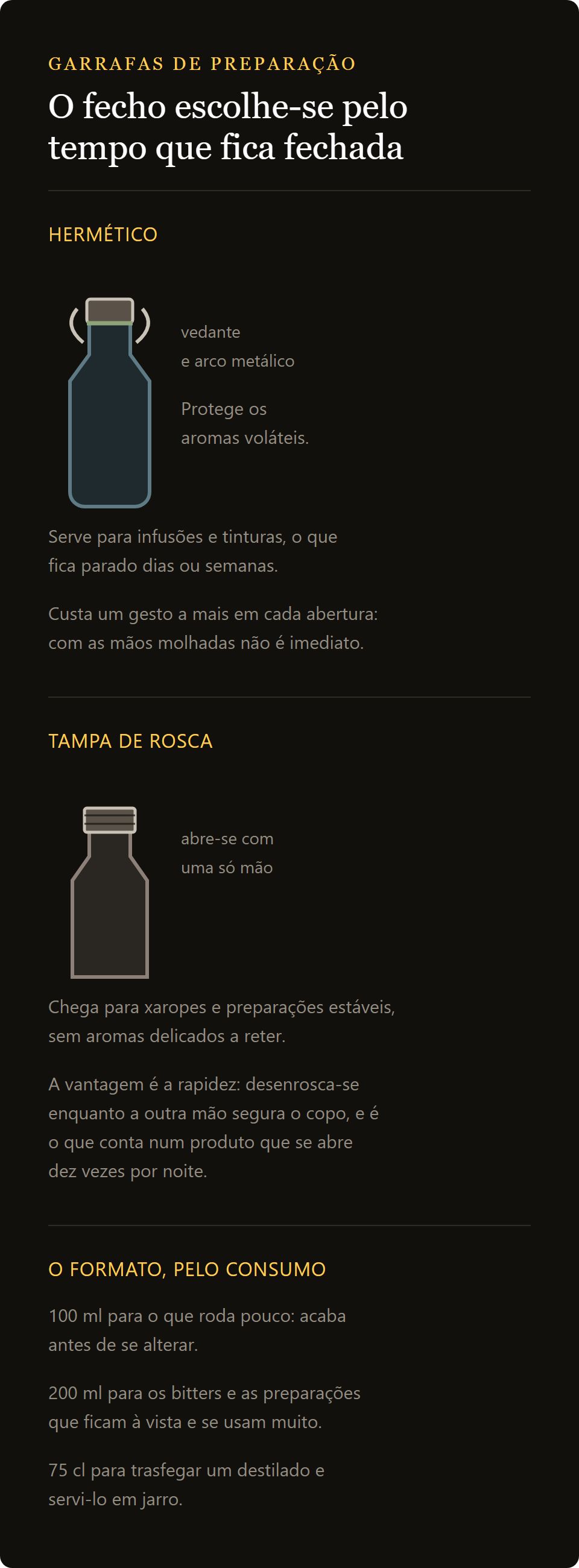 garrafa de whisky Opera: fecho hermético e tampa de rosca comparados, e os três formatos