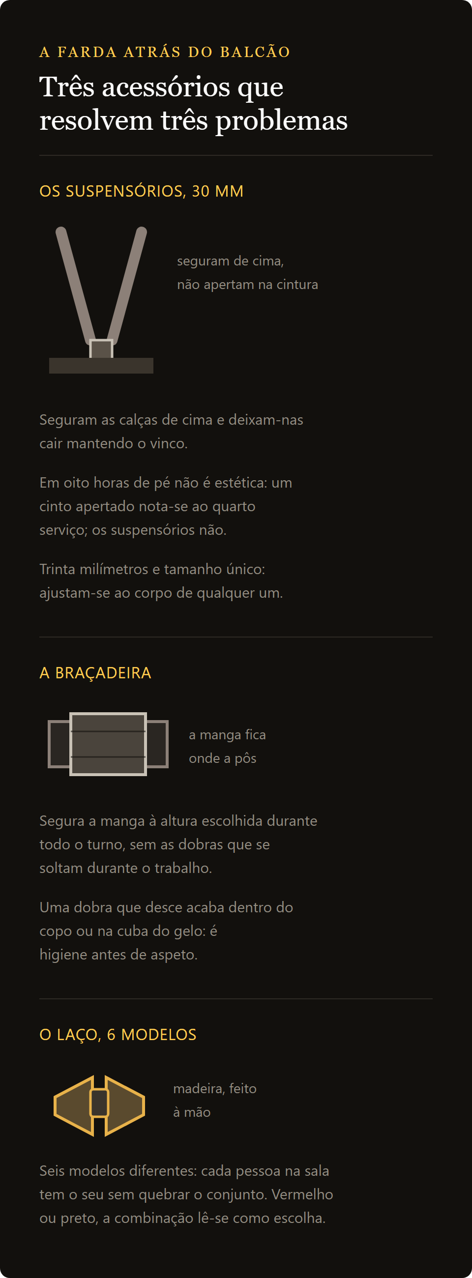 laço de madeira: suspensórios, braçadeiras de manga e laço de madeira, e o conjunto de cor