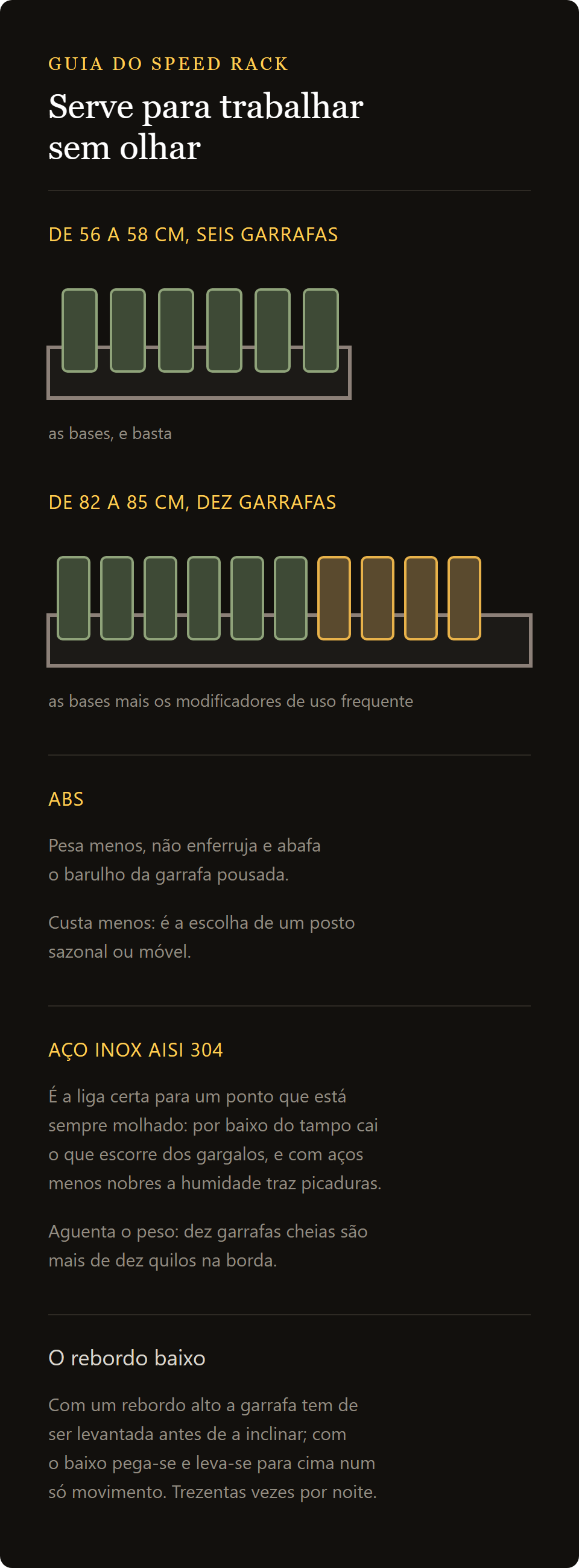 speed rack em aço 82 cm: a speed rack de seis e de dez garrafas, em ABS e em aço inoxidável