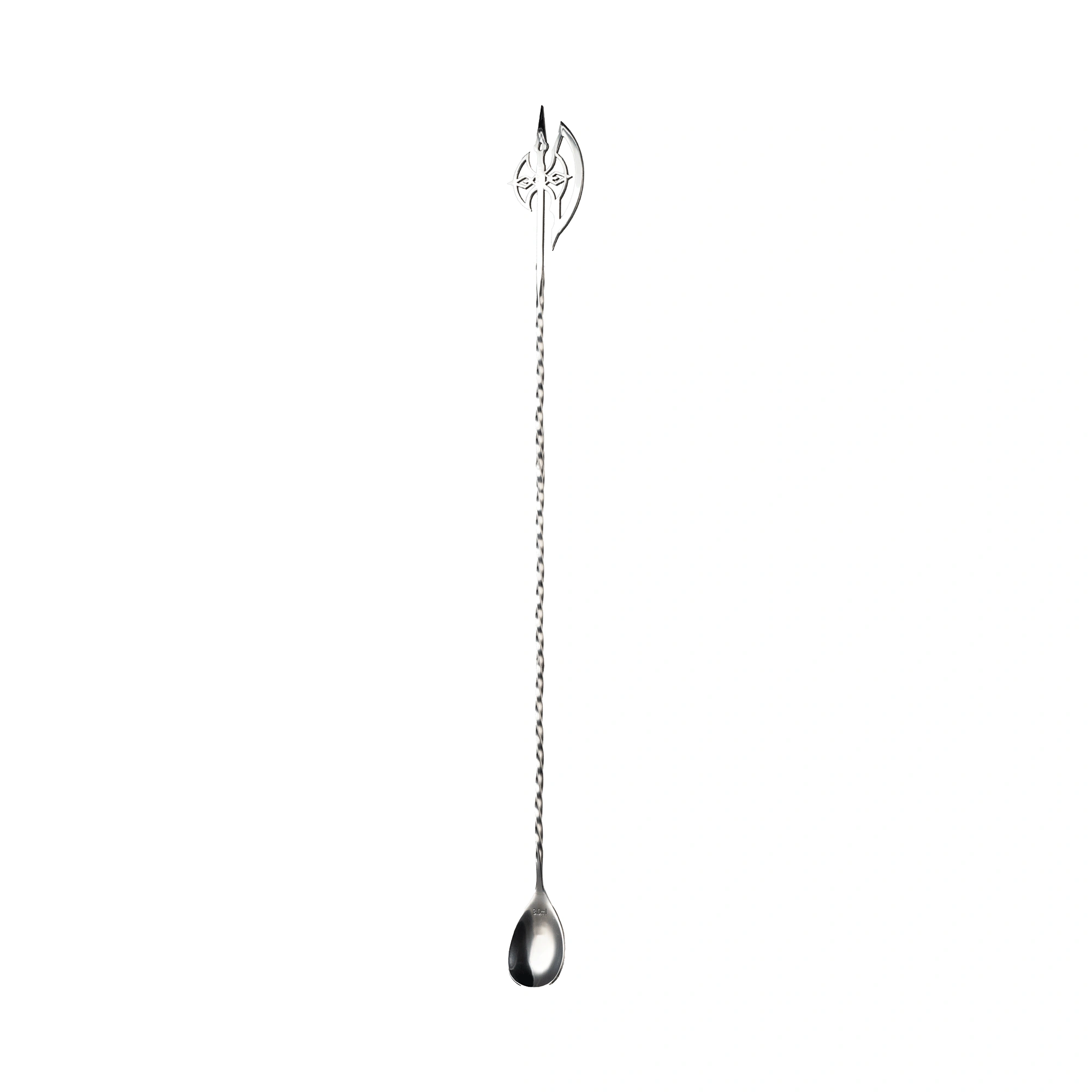 colher de bar 45 cm com machado medieval, haste em espiral e concha em gota em aço inoxidável