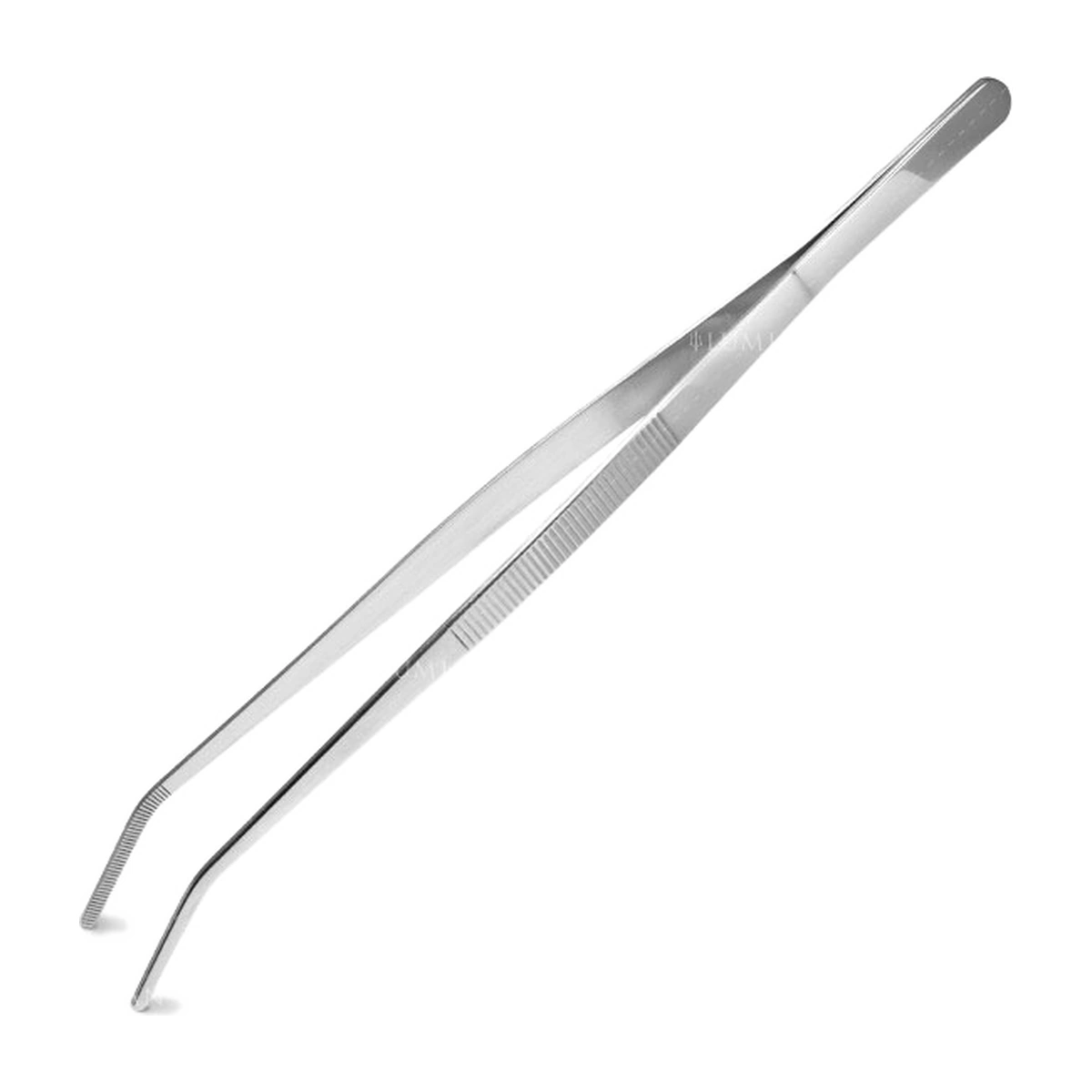 pinça curva de 30 cm em inox com a ponta dobrada e acabamento prata