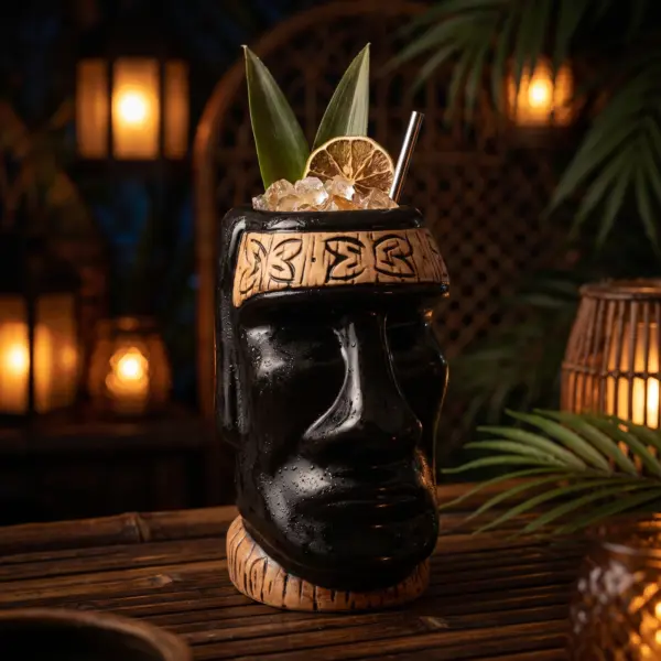 Caneca tiki Moai preta em cerâmica pintada à mão com cabeça de Moai