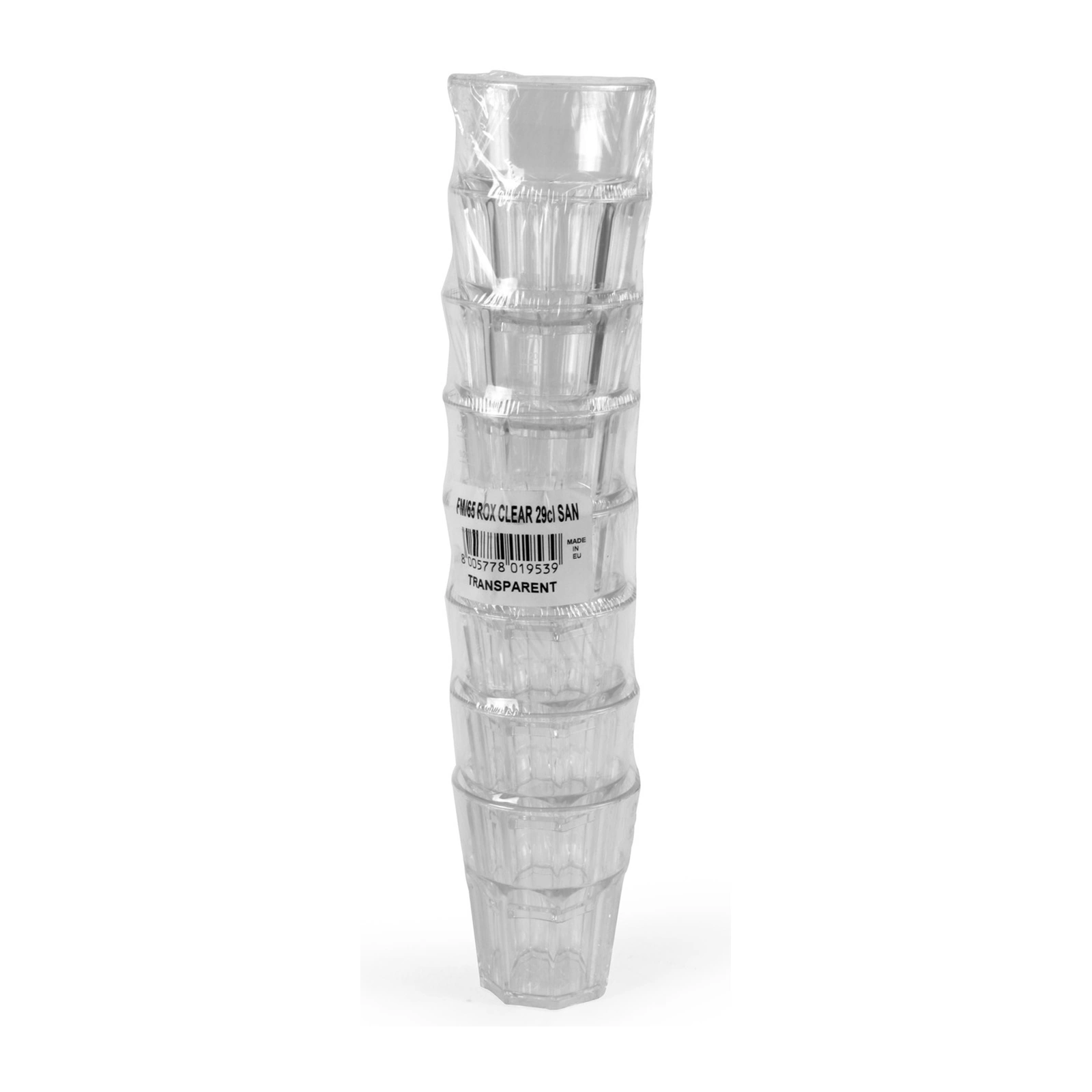 Copo reutilizável Granity Clear 29 cl: oito copos empilhados na embalagem selada, com etiqueta