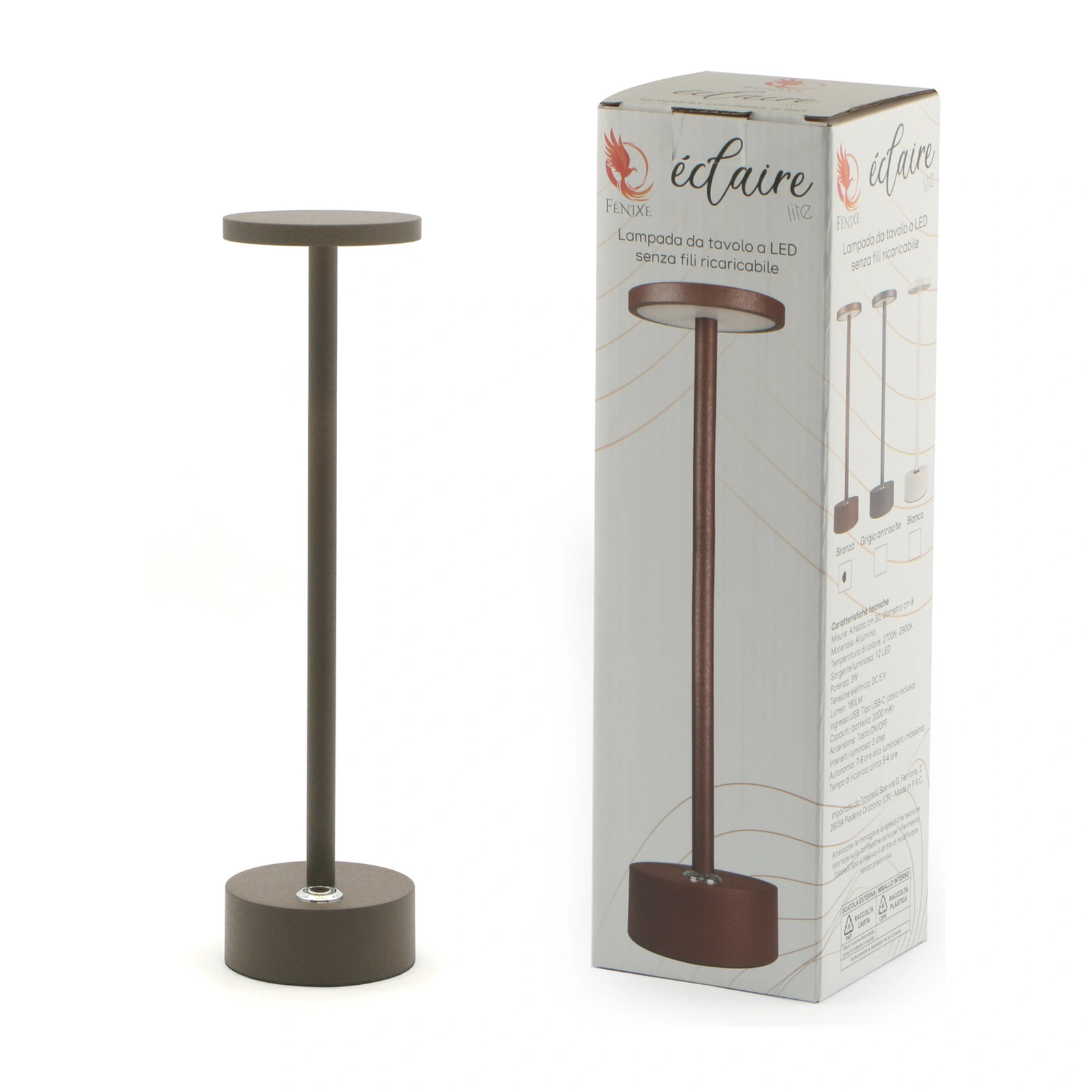 Candeeiro LED recarregável Eclaire Lite bronze de luz quente, com difusor em policarbonato