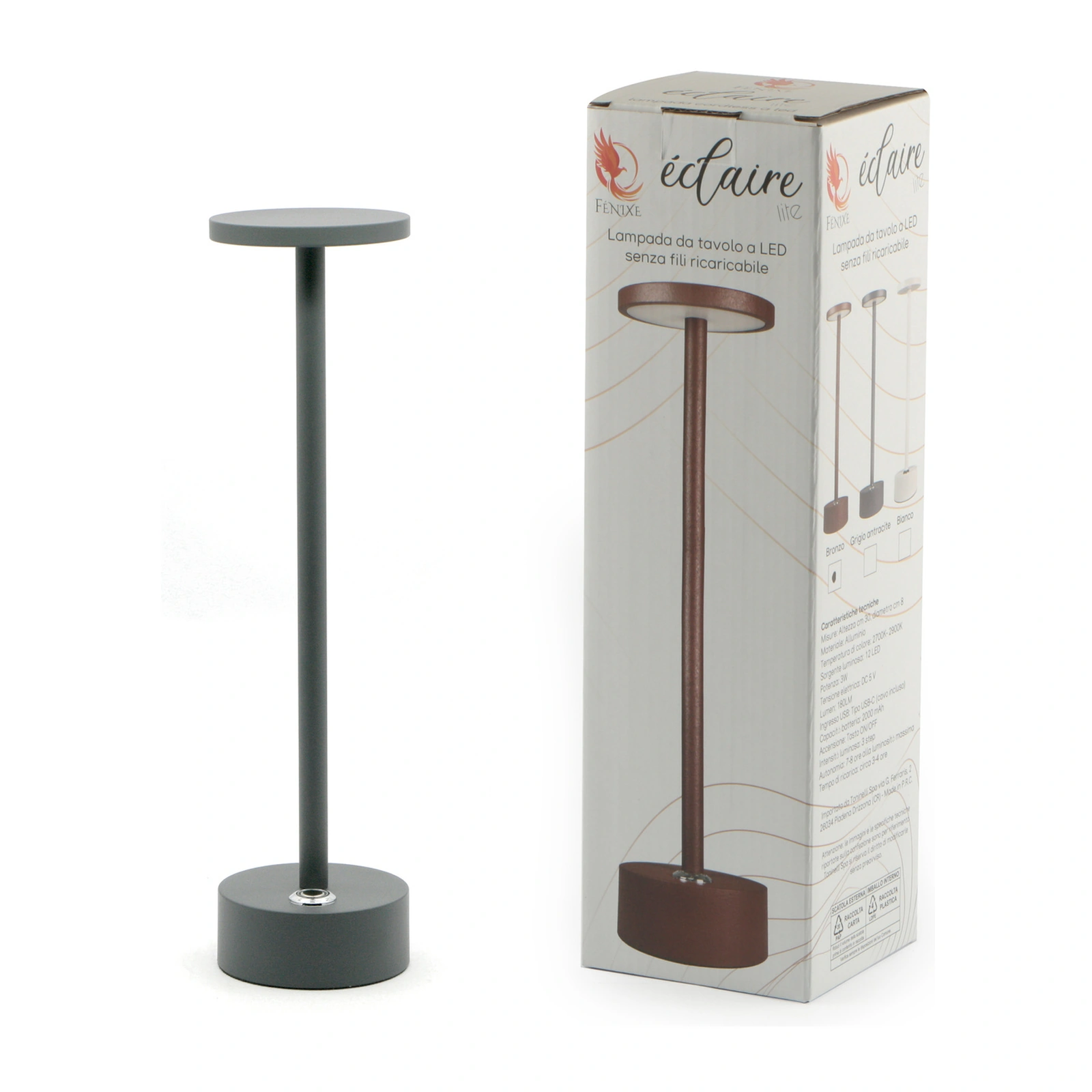Candeeiro Eclaire Lite cinzento, LED recarregável com difusor em policarbonato