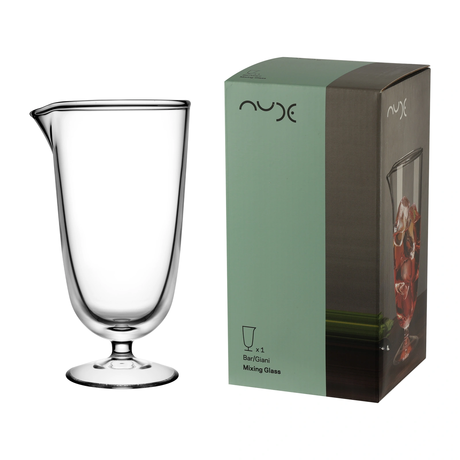 Mixing glass Bargiani da NUDE de 53 cl ao lado da caixa
