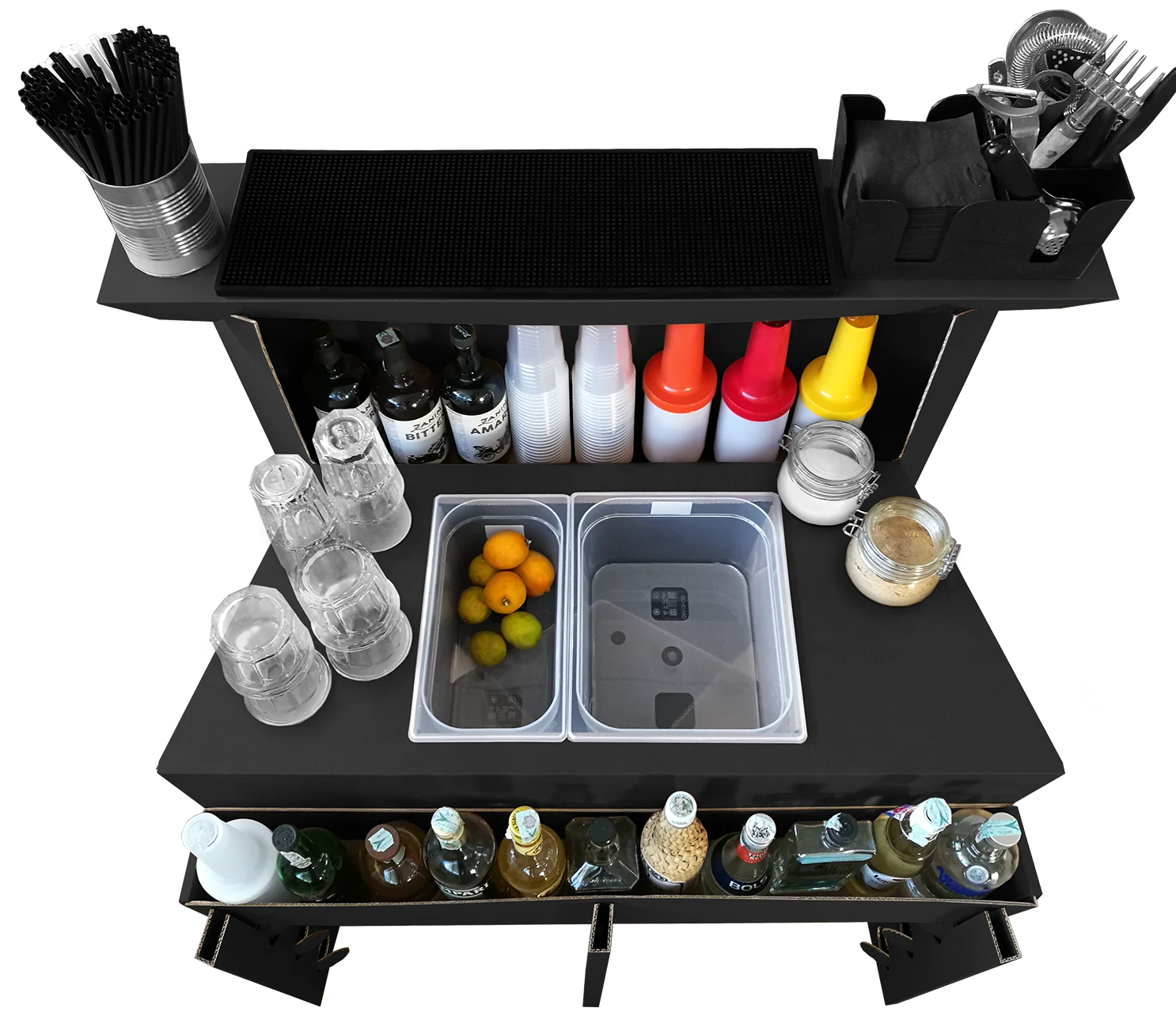 The black plastic bar counter, assembled and set up