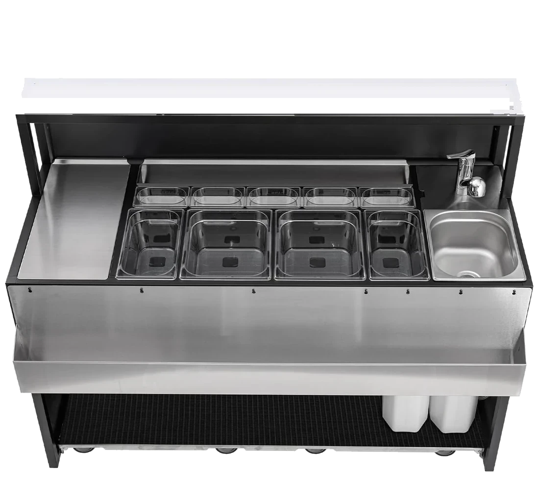 The same 150 cm portable bar station, empty