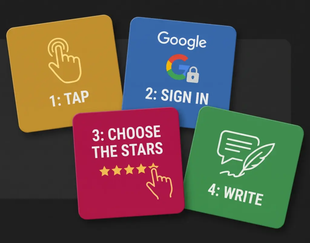 The four steps: 1 tap, 2 sign in with Google, 3 choose your stars, 4 write