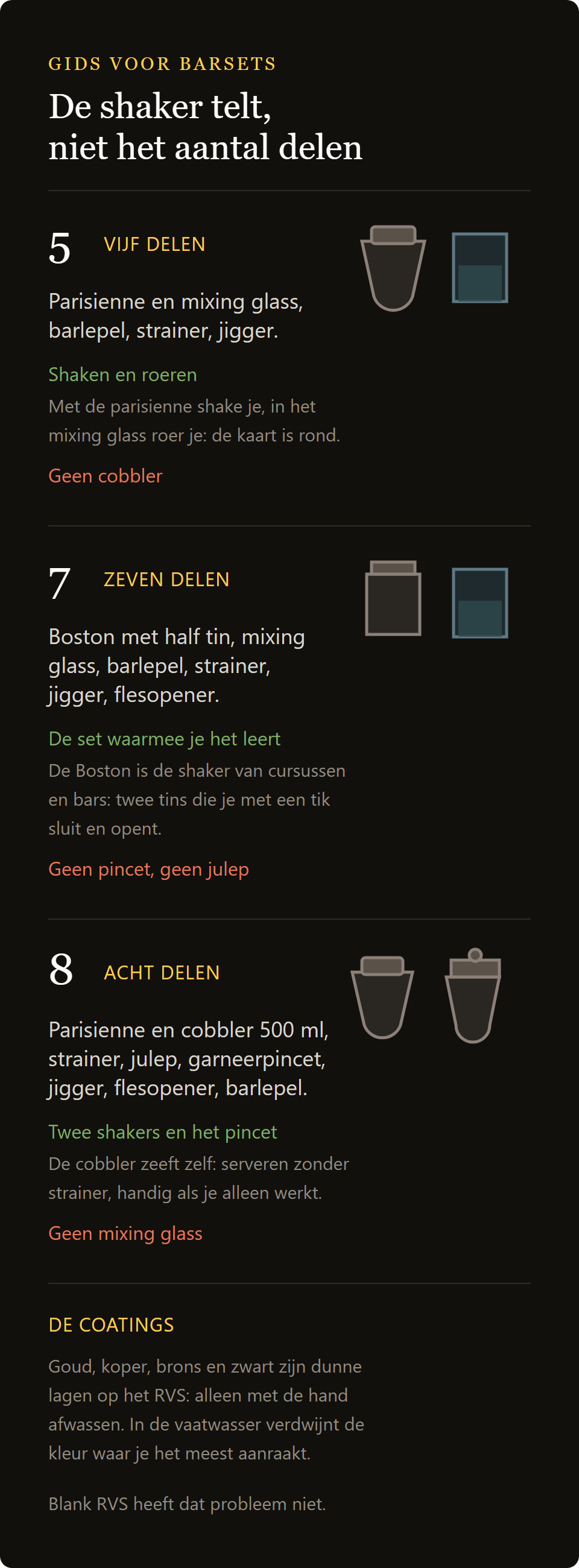 barset Minerva: de drie niveaus van barsets vergeleken, vijf, zeven en acht delen