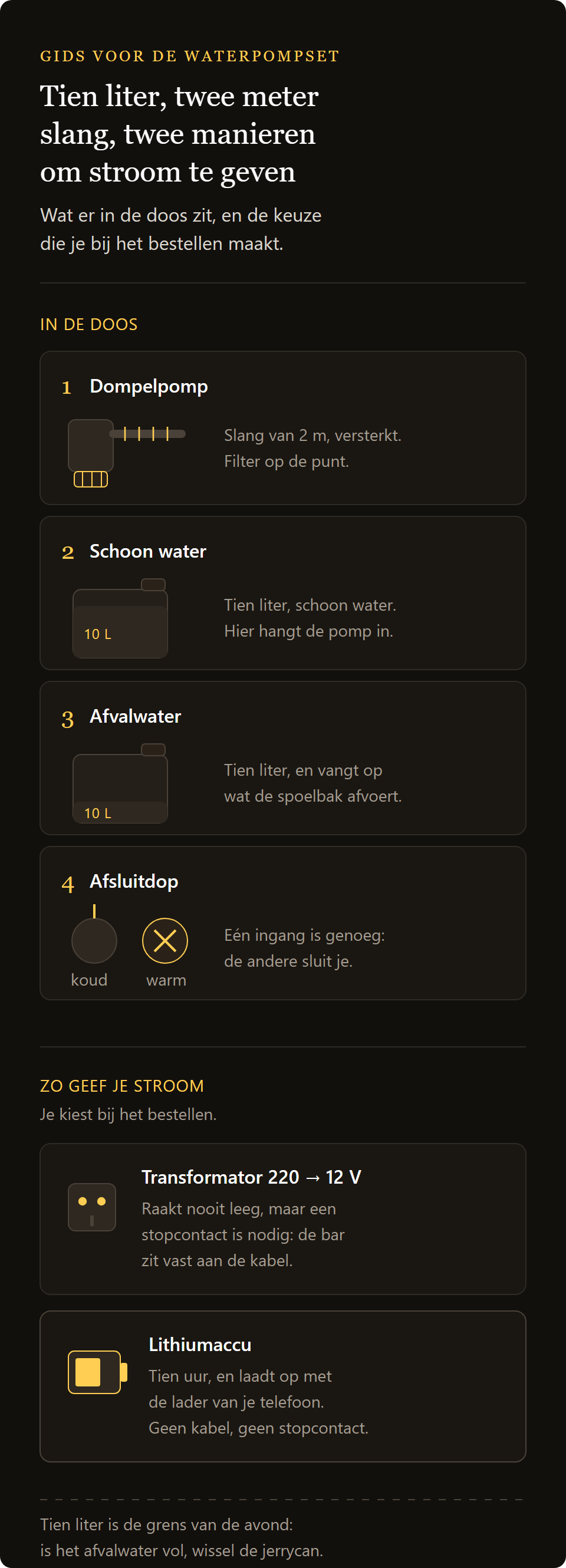 Waterpompset voor mobiele bar: wat er in de doos zit en de twee voedingen, transformator of accu
