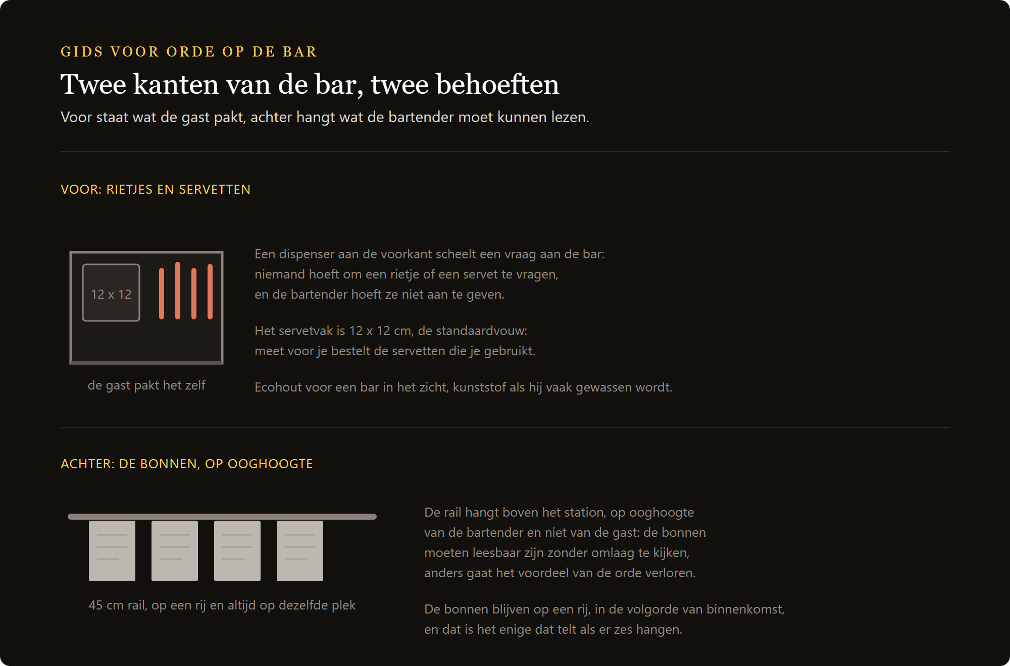 Bar organizer eco-hout: de dispenser aan de voorkant van de bar en de bonnenlijst erachter