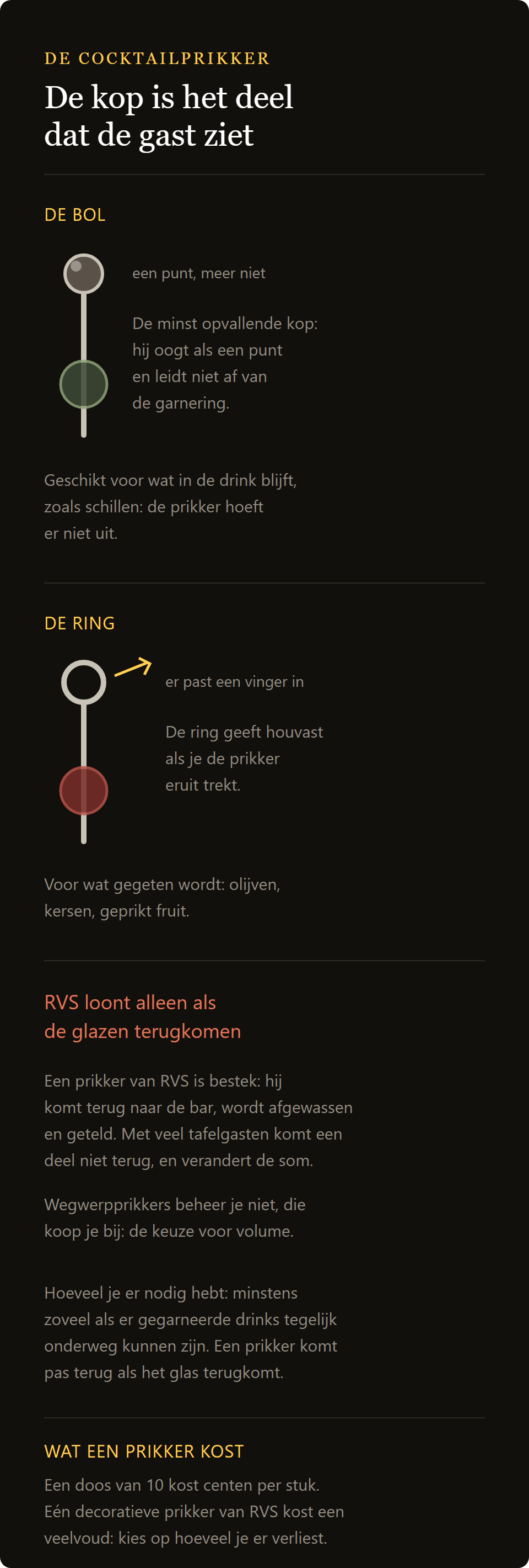 Cocktailprikker met bol: de kop met bol en die met ring, en de rekensom tussen staal en wegwerp