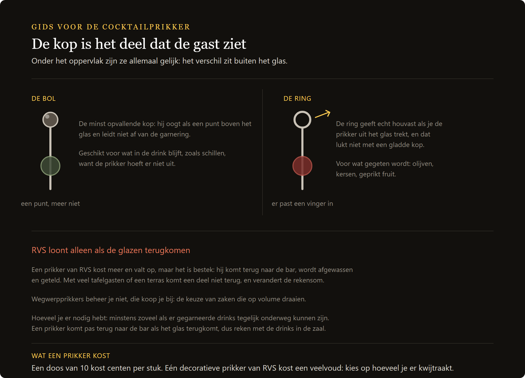 Cocktailprikker met bol: de kop met bol en die met ring, en de rekensom tussen staal en wegwerp