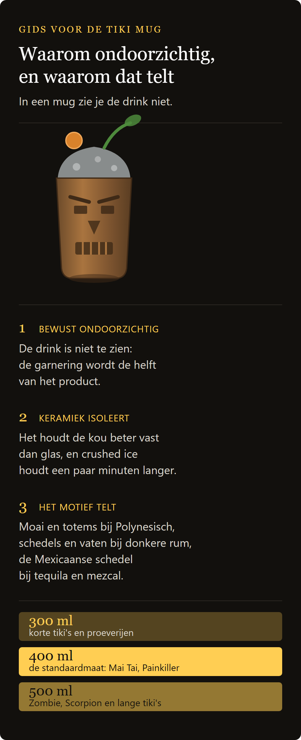 Schedel mok: waarom de tiki mok ondoorzichtig is, hoe hij crushed ijs vasthoudt en hoe je het motief kiest