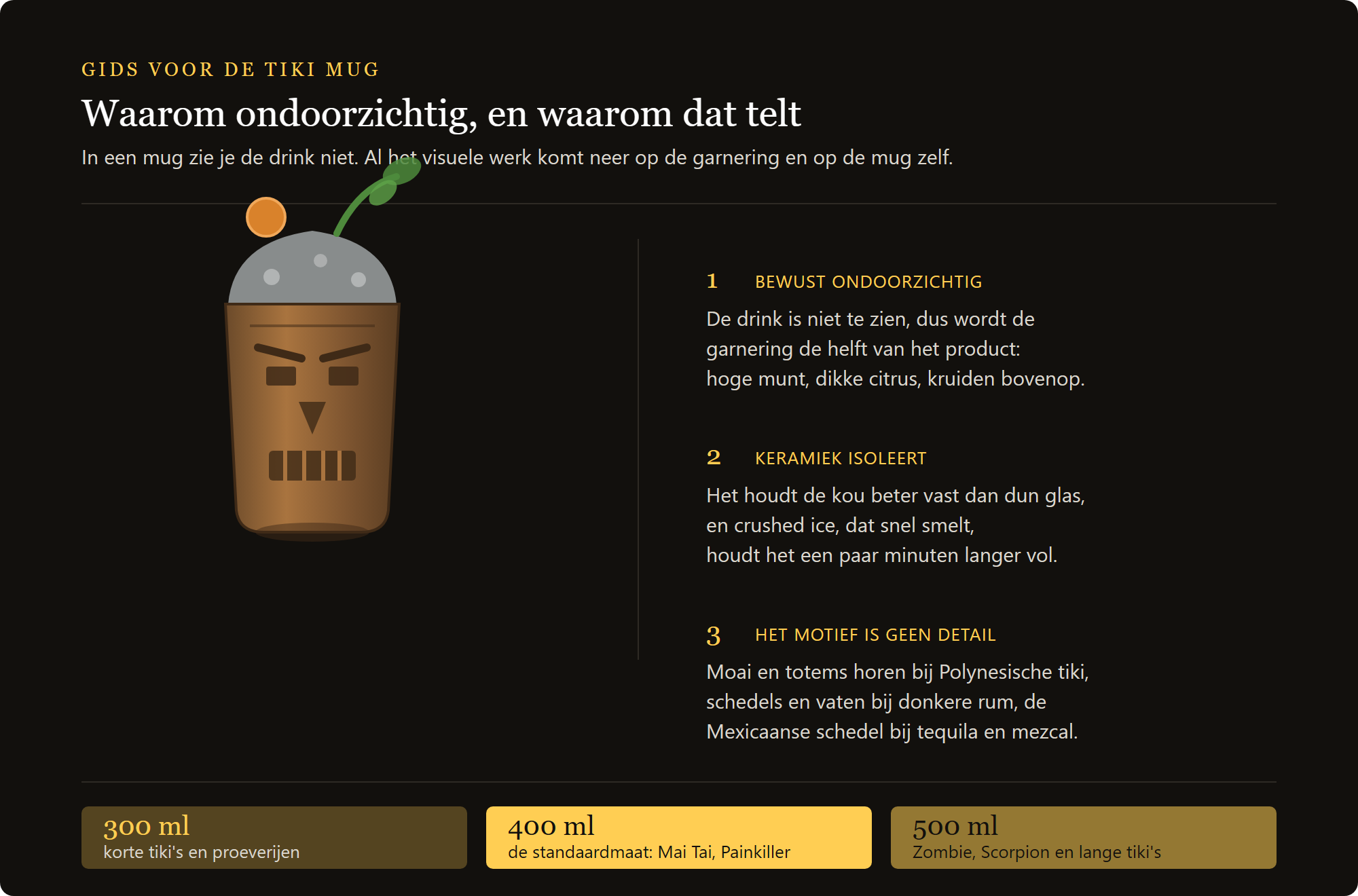 Schedel mok: waarom de tiki mok ondoorzichtig is, hoe hij crushed ijs vasthoudt en hoe je het motief kiest