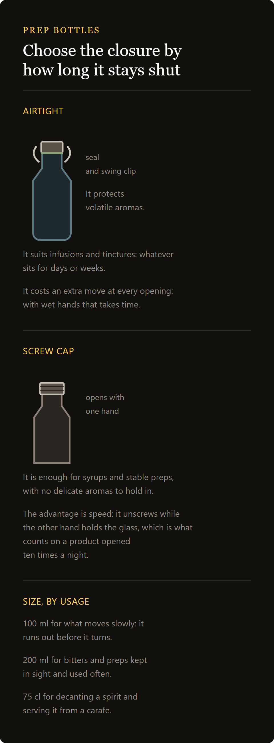 square glass bottle: clip top and screw cap compared, with the three sizes
