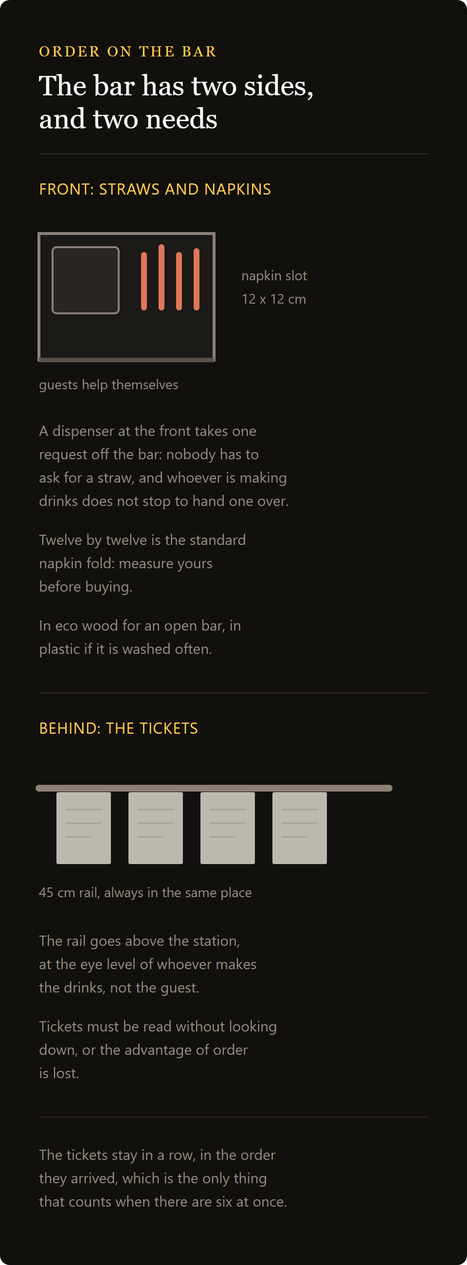 order rack 45cm: the dispenser on the front of the bar and the docket rail behind