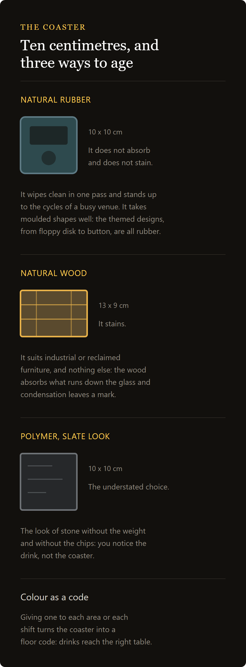 button coaster: natural rubber, wood and slate polymer compared at 100mm