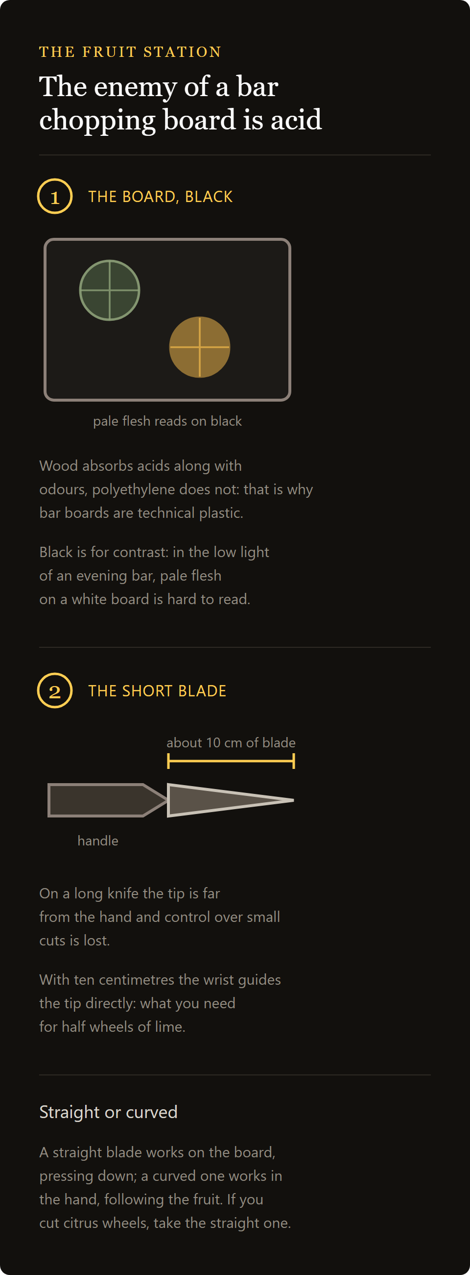 paring knife: the black polyethylene chopping board and the short blade of a paring knife