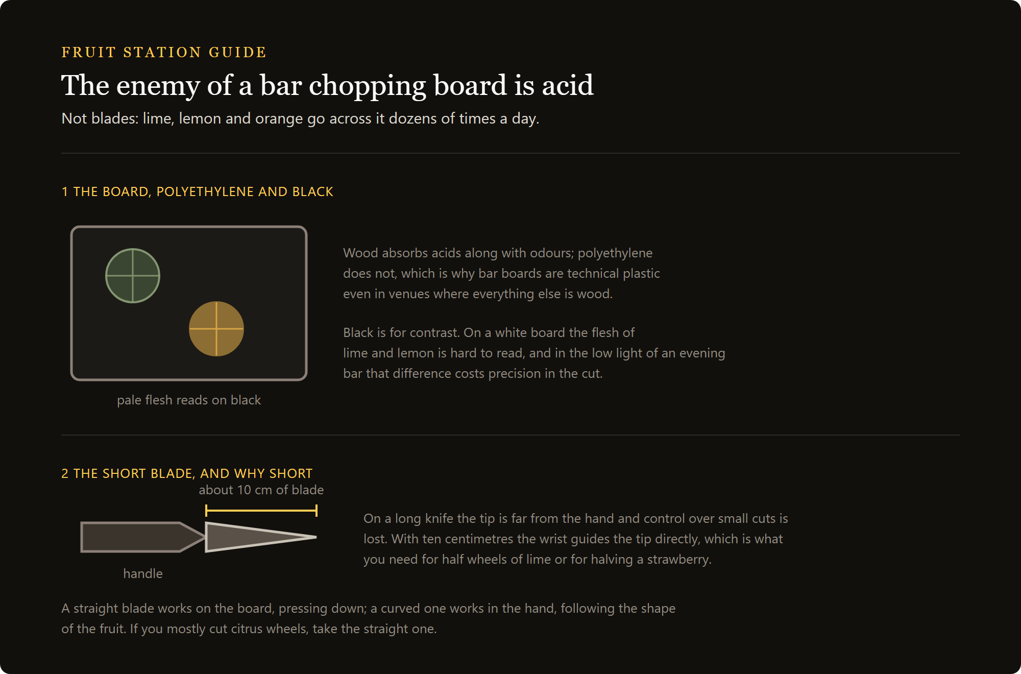 paring knife: the black polyethylene chopping board and the short blade of a paring knife