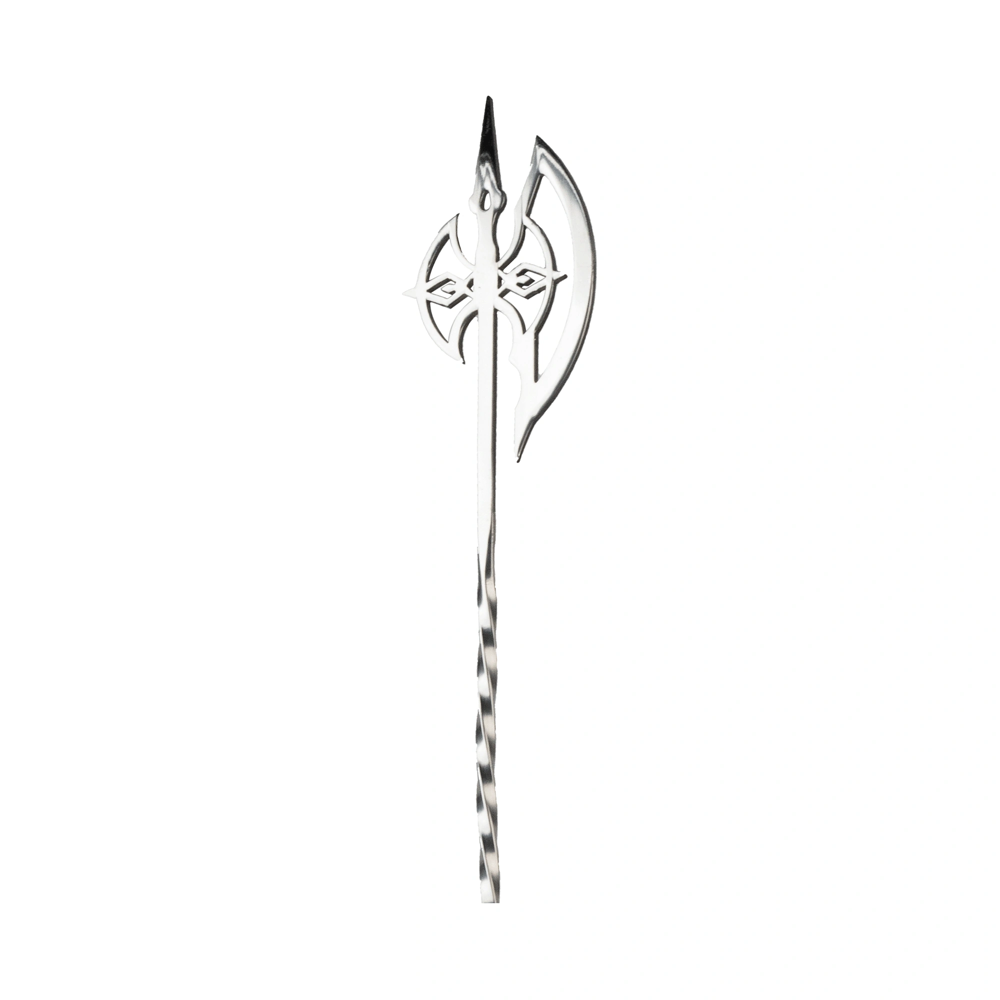 axe bar spoon by The Bars, 45cm, pierced medieval axe on top of a twisted stainless steel stem