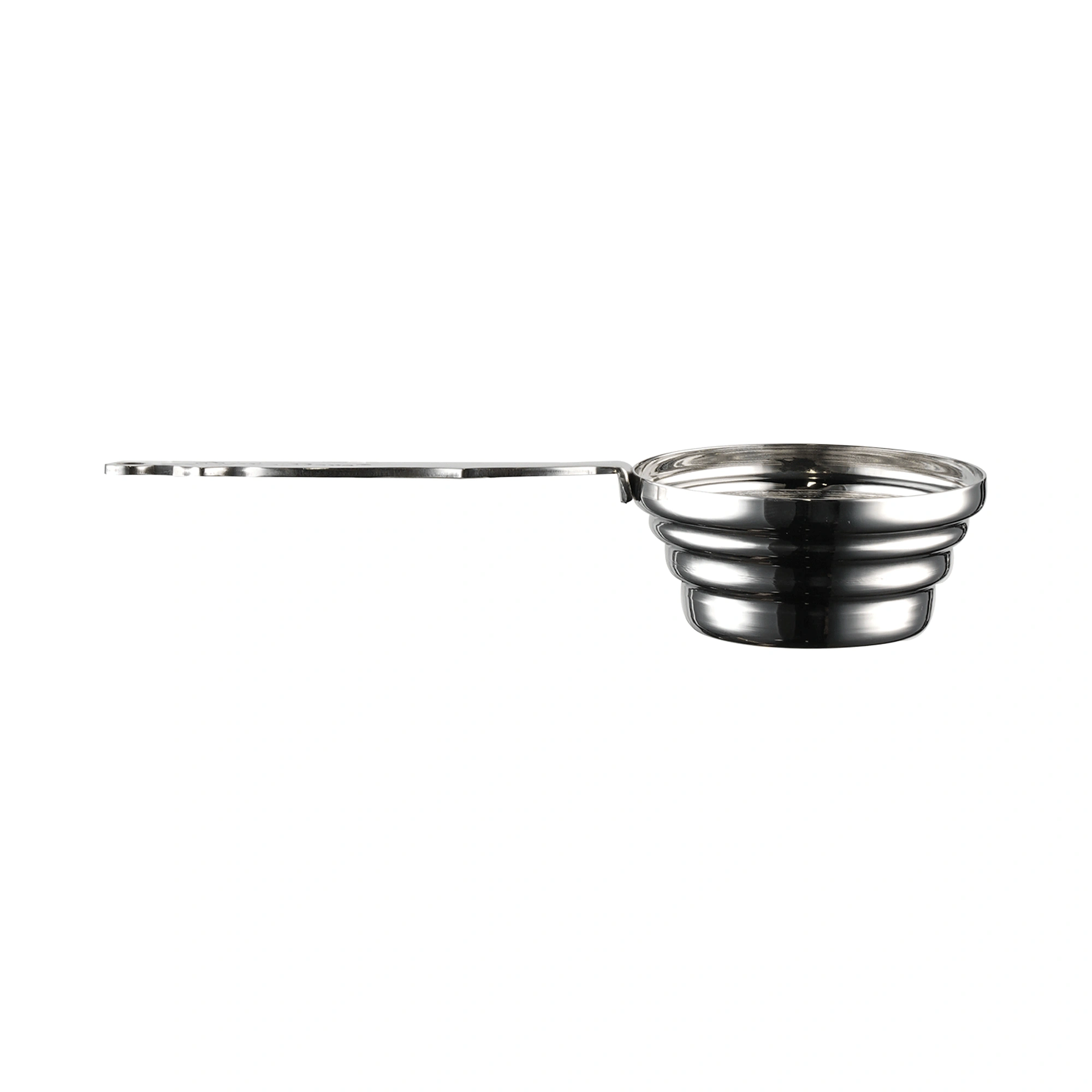 jigger with handle: The Bars measure with a shallow stepped cup and a long flat handle in polished steel