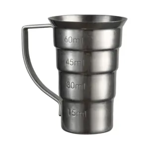 stepped jigger by The Bars in vintage finish, four steps with the measures engraved on the outside wall and a side handle