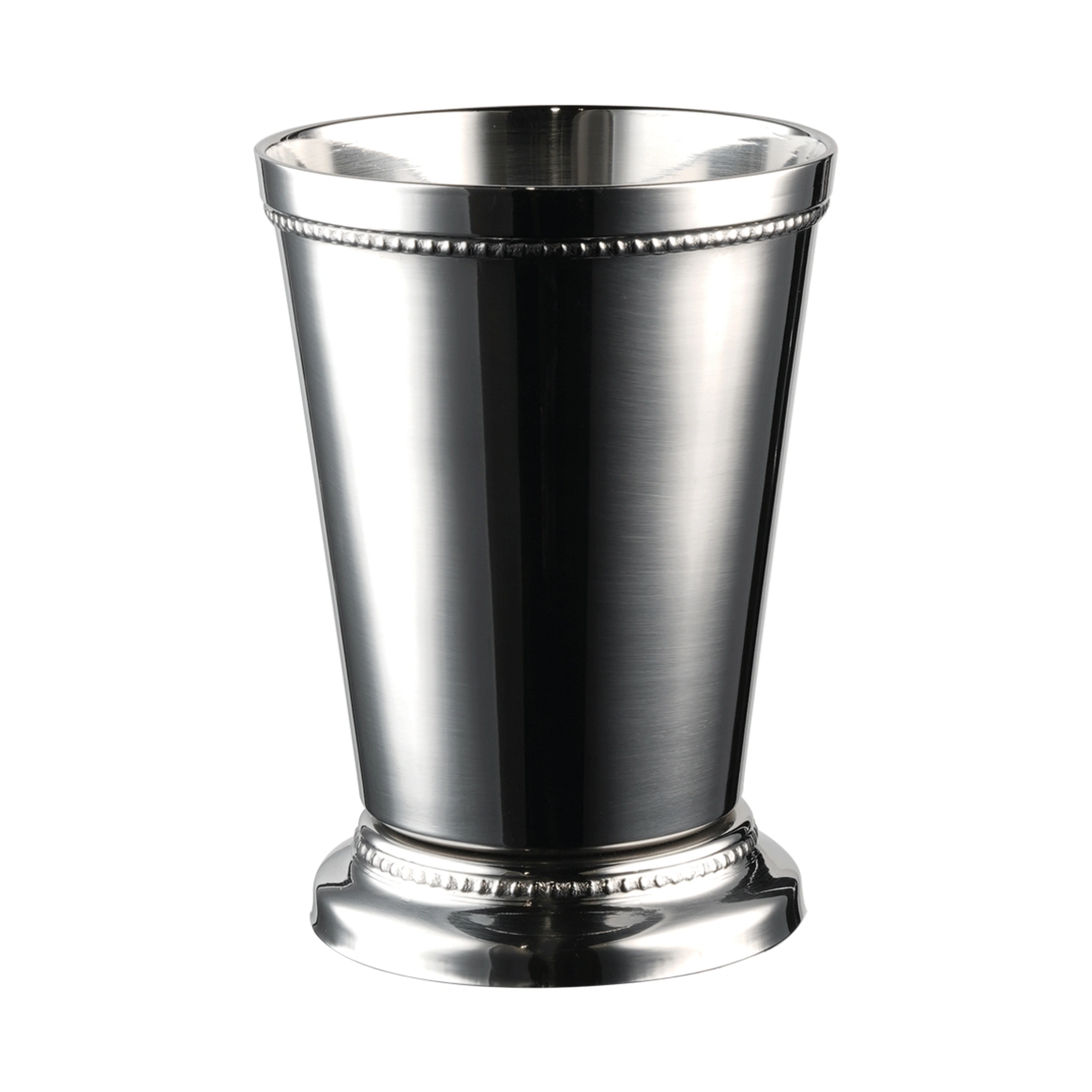 julep cup Deco: The Bars cup in mirror-polished steel with beaded rims and a stepped foot