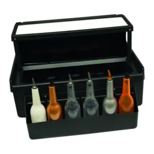 countertop cocktail station in black ABS, 69 x 47cm, with ice well, fruit trays and speed rail