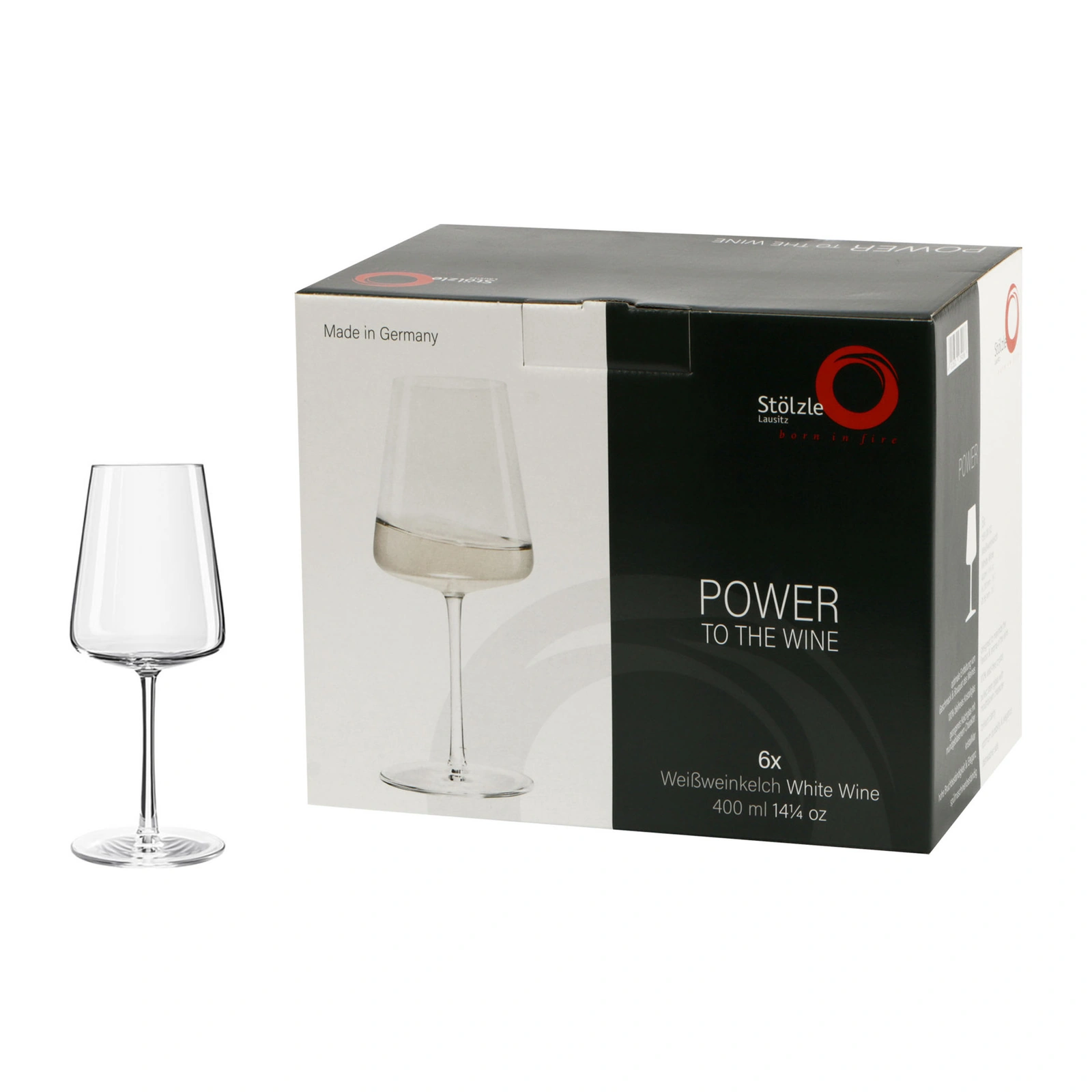Power 400ml white wine glass by Stölzle Lausitz, 21cm tall, bowl 8.5cm wide narrowing to a 6cm rim