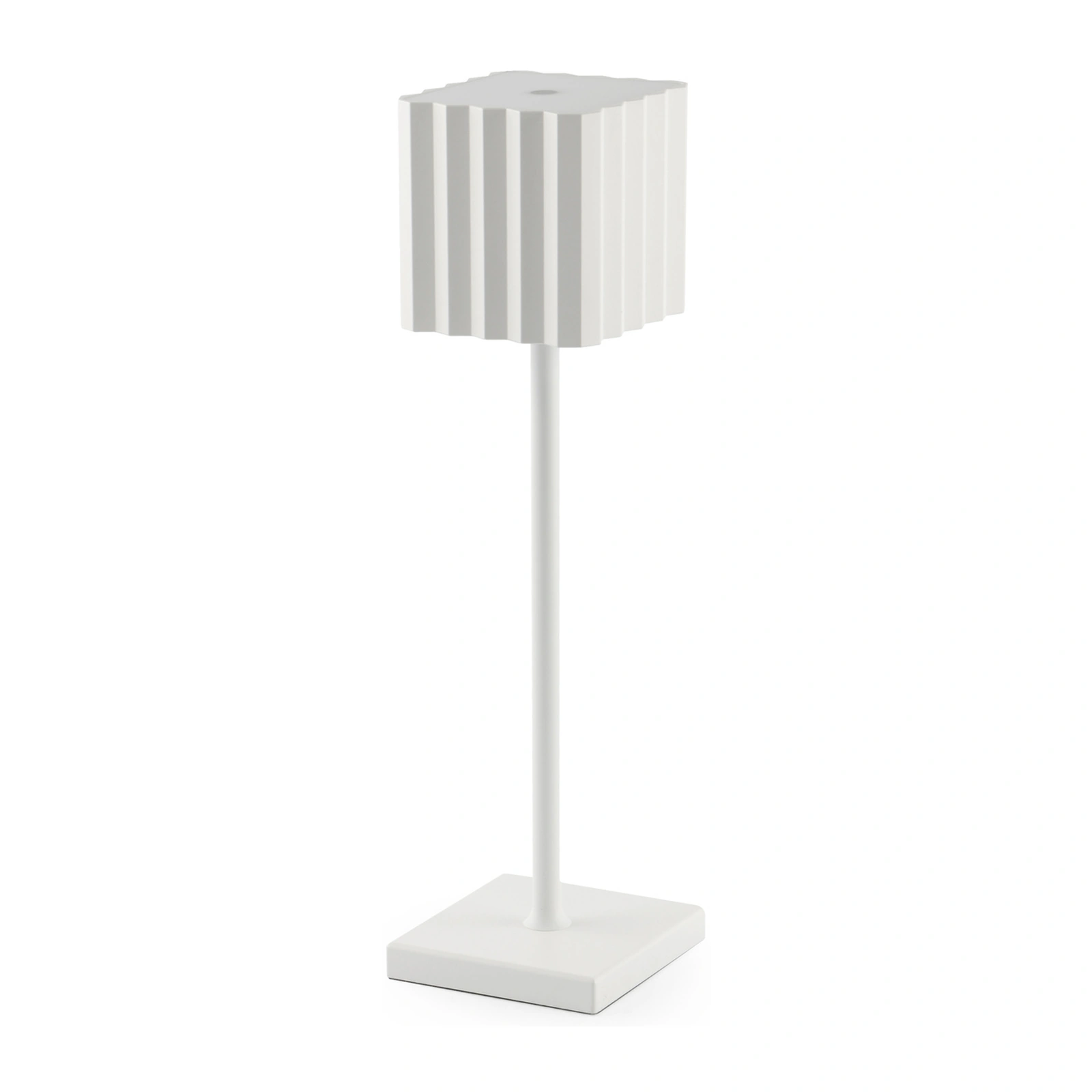 Cordless table lamp: Cupcake model on a square base in white aluminium, 36cm tall, with a polycarbonate diffuser