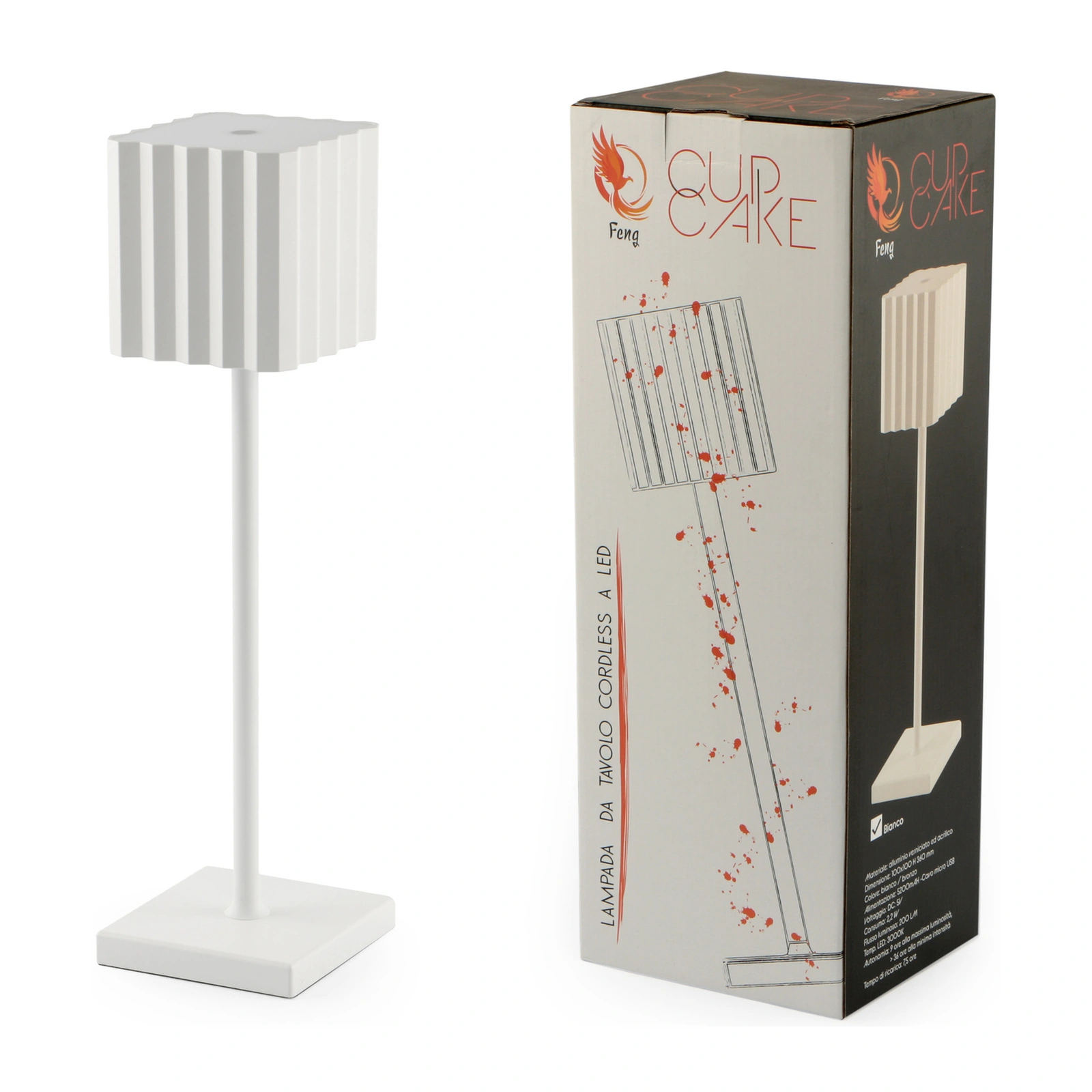 Cupcake cordless table lamp in white with 10cm square base and polycarbonate diffuser