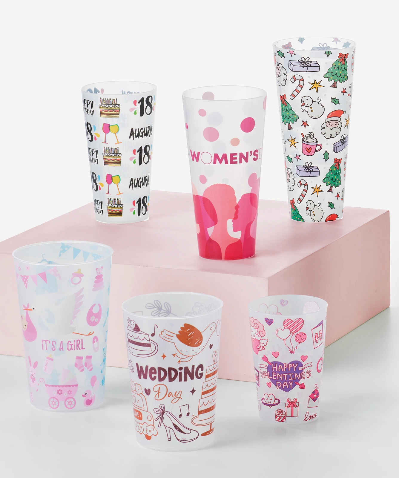 personalised plastic cups: polypropylene conical cups with artwork printed 360 degrees